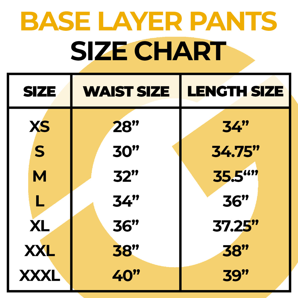 Spats / Compression Pants Sizing Chart